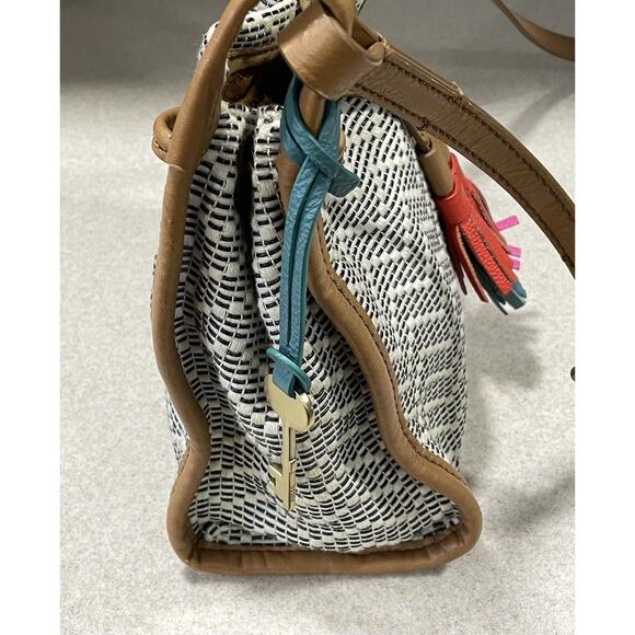 Fossil Claire Small Drawstring Bag Beige/Brown Woven W/Leather Trim Tassel 9x9 - Picture 3 of 14